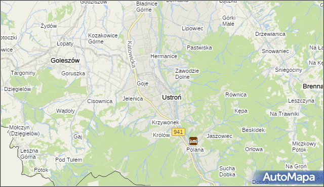 mapa Ustroń powiat cieszyński, Ustroń powiat cieszyński na mapie Targeo