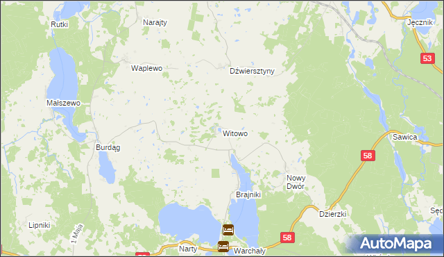 mapa Witowo gmina Jedwabno, Witowo gmina Jedwabno na mapie Targeo
