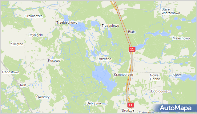 mapa Brzeźno gmina Szczecinek, Brzeźno gmina Szczecinek na mapie Targeo