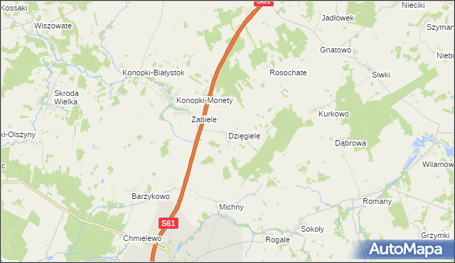 mapa Dzięgiele gmina Stawiski, Dzięgiele gmina Stawiski na mapie Targeo