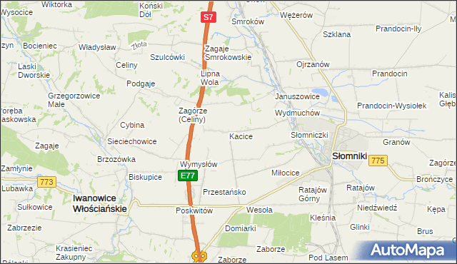 mapa Kacice gmina Słomniki, Kacice gmina Słomniki na mapie Targeo