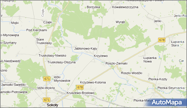 mapa Krzyżewo gmina Sokoły, Krzyżewo gmina Sokoły na mapie Targeo