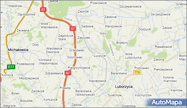 mapa Łuczyce gmina Kocmyrzów-Luborzyca, Łuczyce gmina Kocmyrzów-Luborzyca na mapie Targeo