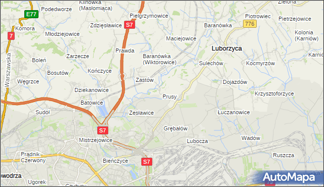 mapa Prusy gmina Kocmyrzów-Luborzyca, Prusy gmina Kocmyrzów-Luborzyca na mapie Targeo