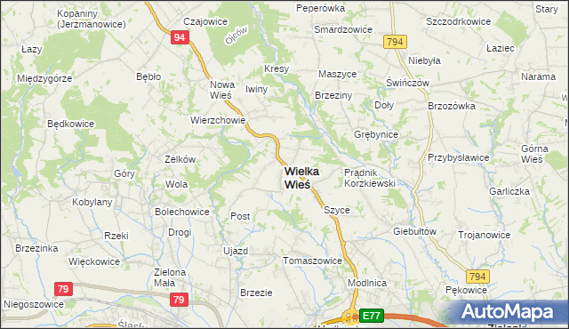 mapa Wielka Wieś powiat krakowski, Wielka Wieś powiat krakowski na mapie Targeo