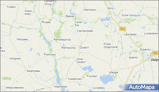 mapa Działyń gmina Zbójno, Działyń gmina Zbójno na mapie Targeo