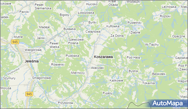 mapa Koszarawa, Koszarawa na mapie Targeo