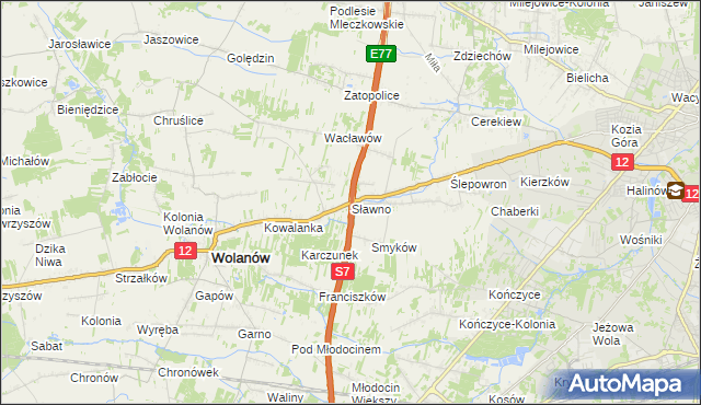 mapa Sławno gmina Wolanów, Sławno gmina Wolanów na mapie Targeo