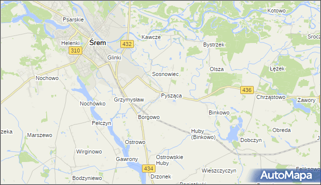 mapa Pysząca gmina Śrem, Pysząca gmina Śrem na mapie Targeo