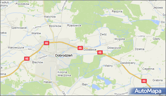 mapa Gosławice gmina Dobrodzień, Gosławice gmina Dobrodzień na mapie Targeo