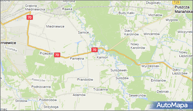 mapa Kamion gmina Puszcza Mariańska, Kamion gmina Puszcza Mariańska na mapie Targeo