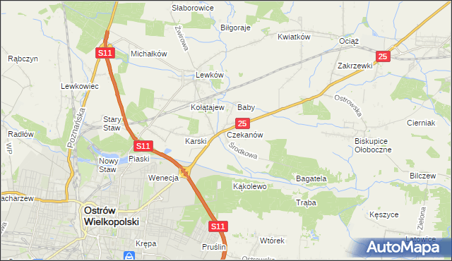 mapa Czekanów gmina Ostrów Wielkopolski, Czekanów gmina Ostrów Wielkopolski na mapie Targeo