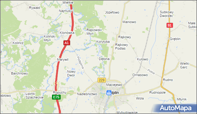 mapa Dębina gmina Pelplin, Dębina gmina Pelplin na mapie Targeo