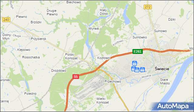 mapa Kozłowo gmina Świecie, Kozłowo gmina Świecie na mapie Targeo