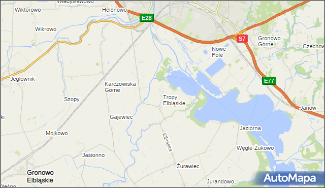 mapa Tropy Elbląskie, Tropy Elbląskie na mapie Targeo