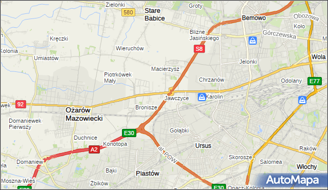 mapa Jawczyce gmina Ożarów Mazowiecki, Jawczyce gmina Ożarów Mazowiecki na mapie Targeo