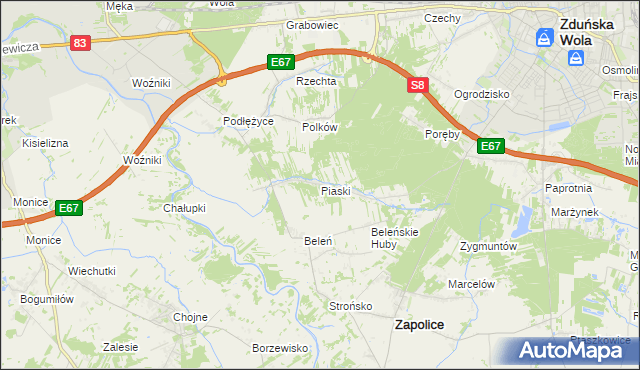 mapa Piaski gmina Zduńska Wola, Piaski gmina Zduńska Wola na mapie Targeo