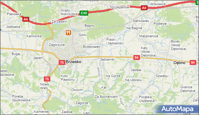 mapa Jadowniki gmina Brzesko, Jadowniki gmina Brzesko na mapie Targeo