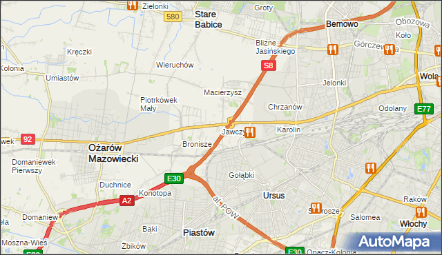 mapa Jawczyce gmina Ożarów Mazowiecki, Jawczyce gmina Ożarów Mazowiecki na mapie Targeo