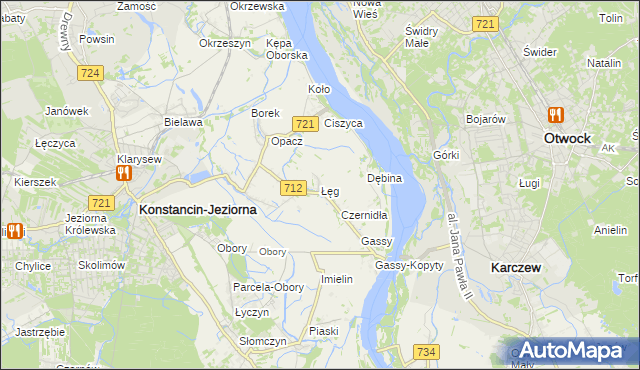 mapa Łęg gmina Konstancin-Jeziorna, Łęg gmina Konstancin-Jeziorna na mapie Targeo