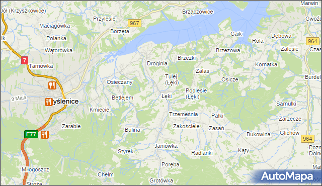 mapa Łęki gmina Myślenice, Łęki gmina Myślenice na mapie Targeo