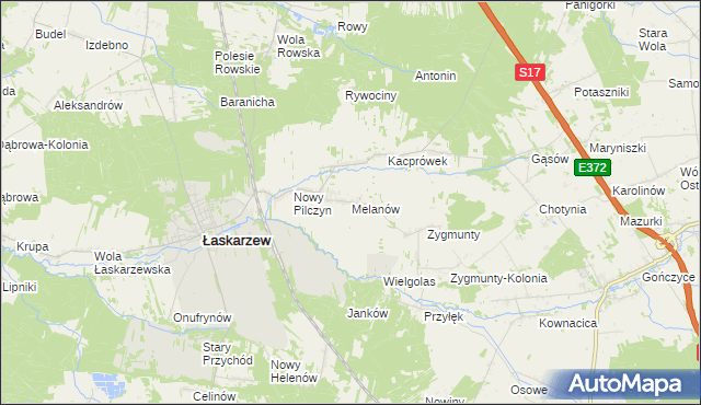 mapa Melanów gmina Łaskarzew, Melanów gmina Łaskarzew na mapie Targeo