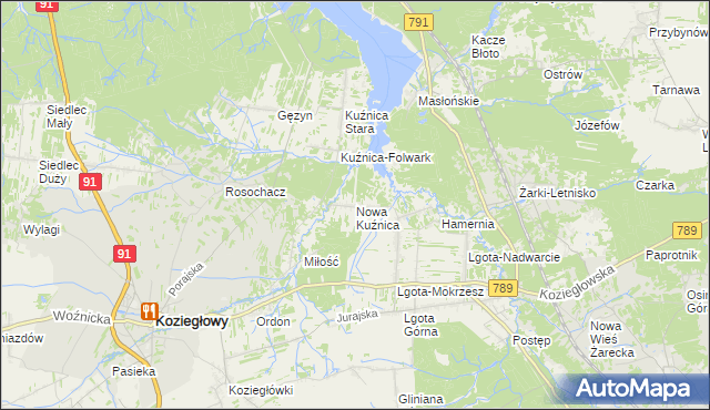 mapa Nowa Kuźnica gmina Koziegłowy, Nowa Kuźnica gmina Koziegłowy na mapie Targeo