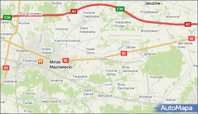 mapa Osiny gmina Mińsk Mazowiecki, Osiny gmina Mińsk Mazowiecki na mapie Targeo