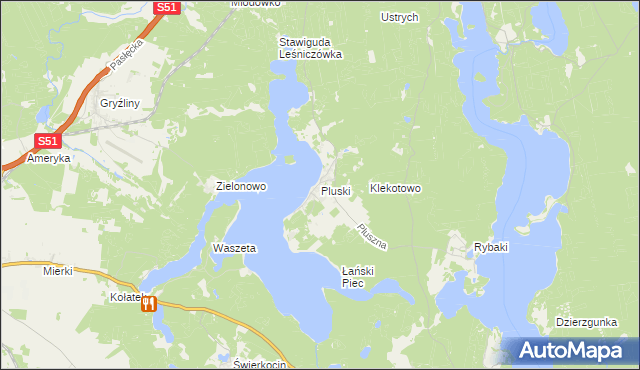 mapa Pluski gmina Stawiguda, Pluski gmina Stawiguda na mapie Targeo