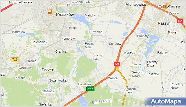 mapa Suchy Las gmina Michałowice, Suchy Las gmina Michałowice na mapie Targeo