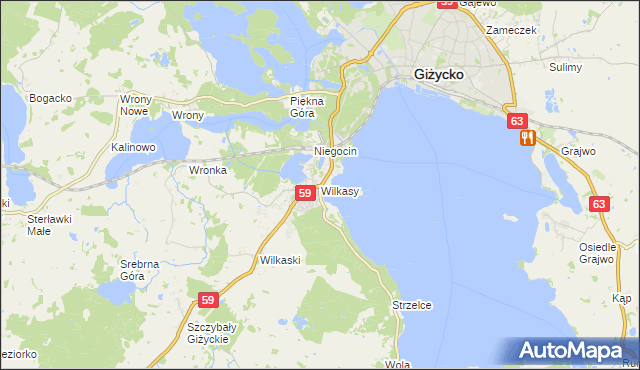 mapa Wilkasy gmina Giżycko, Wilkasy gmina Giżycko na mapie Targeo