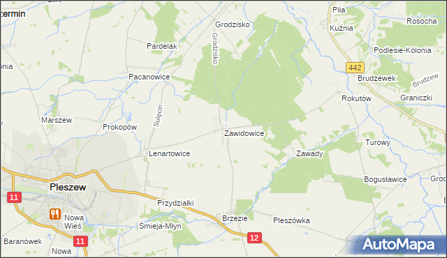 mapa Zawidowice gmina Pleszew, Zawidowice gmina Pleszew na mapie Targeo