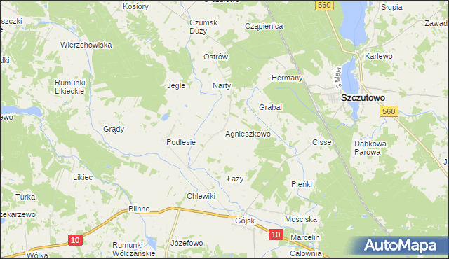 mapa Agnieszkowo gmina Szczutowo, Agnieszkowo gmina Szczutowo na mapie Targeo