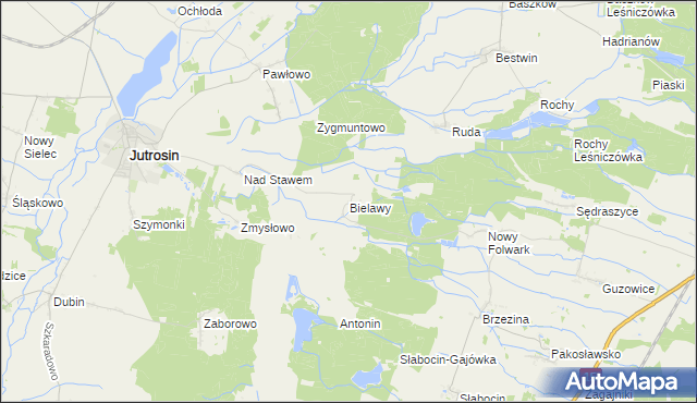 mapa Bielawy gmina Jutrosin, Bielawy gmina Jutrosin na mapie Targeo