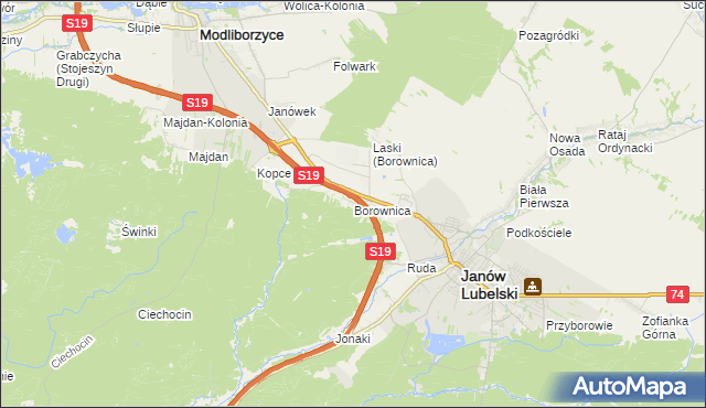 mapa Borownica gmina Janów Lubelski, Borownica gmina Janów Lubelski na mapie Targeo