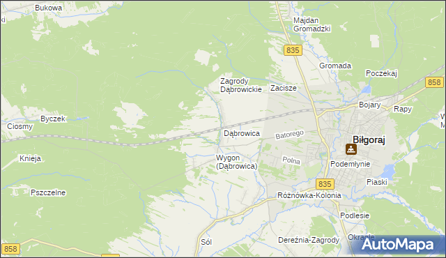 mapa Dąbrowica gmina Biłgoraj, Dąbrowica gmina Biłgoraj na mapie Targeo