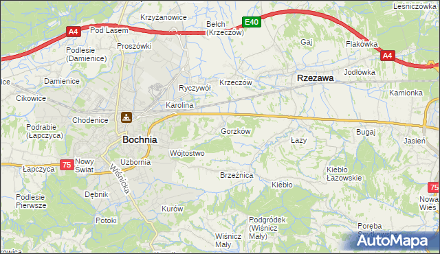 mapa Gorzków gmina Bochnia, Gorzków gmina Bochnia na mapie Targeo