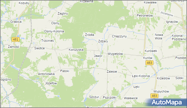 mapa Jawor gmina Zelów, Jawor gmina Zelów na mapie Targeo