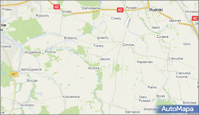 mapa Jelonki gmina Rudniki, Jelonki gmina Rudniki na mapie Targeo