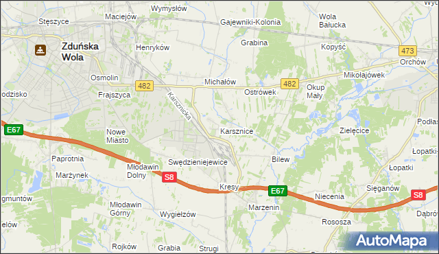 mapa Karsznice gmina Zduńska Wola, Karsznice gmina Zduńska Wola na mapie Targeo