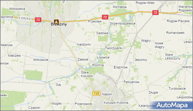 mapa Lisowice gmina Koluszki, Lisowice gmina Koluszki na mapie Targeo