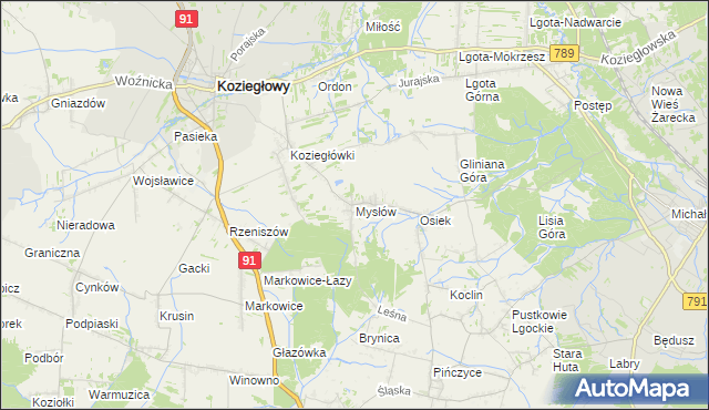 mapa Mysłów gmina Koziegłowy, Mysłów gmina Koziegłowy na mapie Targeo