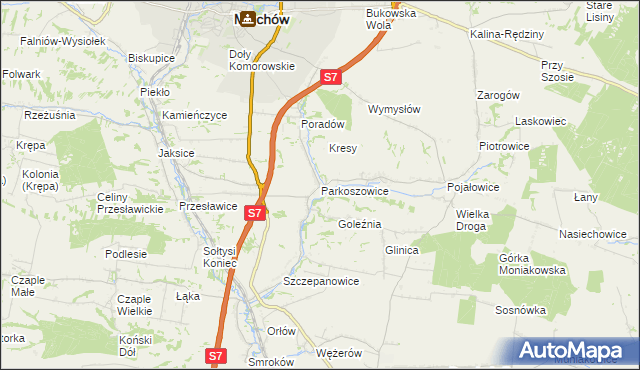 mapa Parkoszowice gmina Miechów, Parkoszowice gmina Miechów na mapie Targeo