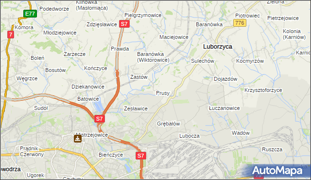 mapa Prusy gmina Kocmyrzów-Luborzyca, Prusy gmina Kocmyrzów-Luborzyca na mapie Targeo