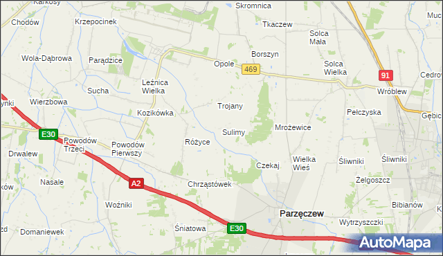 mapa Sulimy gmina Parzęczew, Sulimy gmina Parzęczew na mapie Targeo