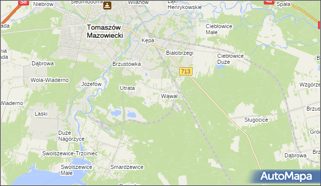 mapa Wąwał gmina Tomaszów Mazowiecki, Wąwał gmina Tomaszów Mazowiecki na mapie Targeo