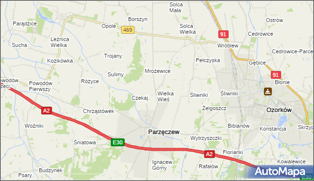 mapa Wielka Wieś gmina Parzęczew, Wielka Wieś gmina Parzęczew na mapie Targeo