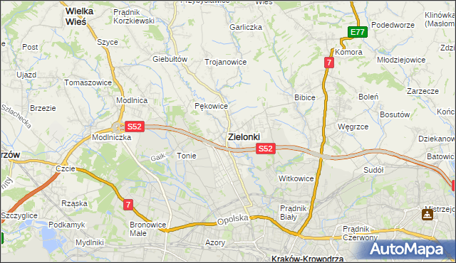 mapa Zielonki powiat krakowski, Zielonki powiat krakowski na mapie Targeo