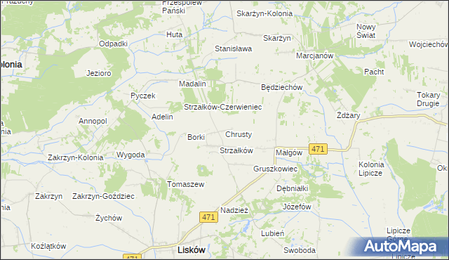 mapa Chrusty gmina Lisków, Chrusty gmina Lisków na mapie Targeo