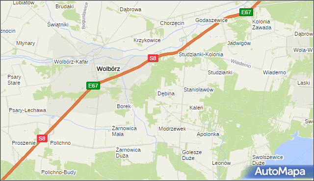 mapa Dębina gmina Wolbórz, Dębina gmina Wolbórz na mapie Targeo